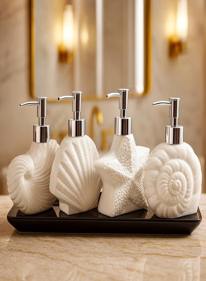 Whizzo Ceramic Shell Shaped Liquid Soap Dispenser with Chrome Pump | Elegant Bathroom & Kitchen Accessory | White Glossy Finish | Refillable Handwash Lotion Bottle (420ML, LD-212, Design4) - Image 3